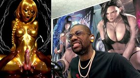 cowgirl fucking a gold transgender girl while she cums all over herself, ai generated