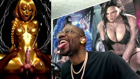 cowgirl fucking a gold transgender girl while she cums all over herself, ai generated