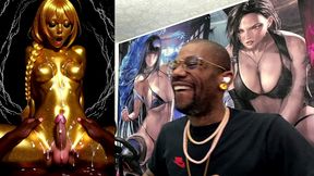 cowgirl fucking a gold transgender girl while she cums all over herself, ai generated