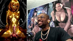 cowgirl fucking a gold transgender girl while she cums all over herself, ai generated