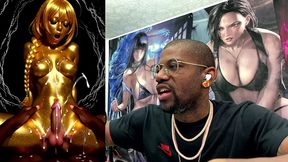 cowgirl fucking a gold transgender girl while she cums all over herself, ai generated