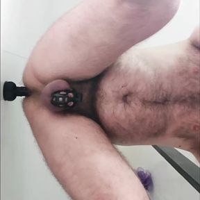 More dildo riding in chastity for this horny bear