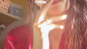 Smoking Fetish - Piercing Green Eyes Through Thick Smoke in Red Satin Robe