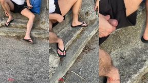 amateur straight boy lost a bet: he has to expose his cock in the street and either piss or cum