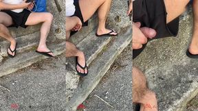amateur straight boy lost a bet: he has to expose his cock in the street and either piss or cum