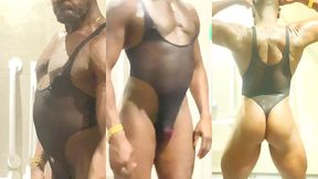 post workout flex & bust show geared in mesh bodysuit