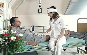 Teen nurses fuck old grandpa in a fake hospital bed and give sloppy blowjob