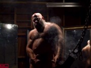 HYPER MASCULINE MUSCLE HAIRY BULL SMOKING HIS CIGAR IN FRONT OF THE SLING