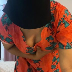 Arabian girl Pressing her Big Boobs with sexy frock in home