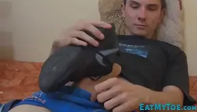 Twink 18+ with Yummy Feet Enjoys Shoe Fetish and Solo Masturbation Fun