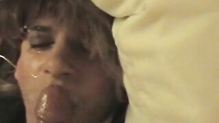 Watch as this slutty crossdresser gets his mouth filled with cum