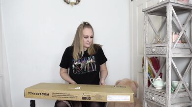 Hot dumb blonde bimbo builds coffee bar backwards with big tits bulging in fish nets amateur vlog
