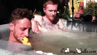 Corey Gunz and Dom Ty jerk off their big dicks in outdoor jacuzzi