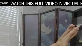 Solo mature blonde with big tits masturbates in front of the front door in VR