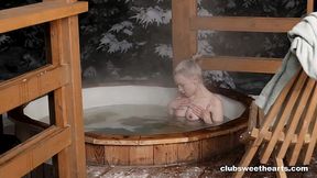 Appealing blonde Lisa Nixon plays with her pussy in public sauna