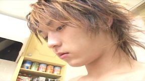 Asian guy cums two times and gets his asshole penetrated by a masked dude in the kitchen