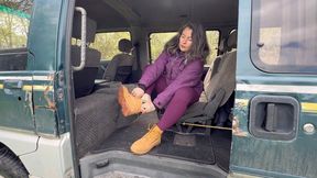 timberland boots without socks hiking in the forest m4