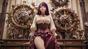 Steam-punk Stunner in White! Kneeling Under Giant Gears