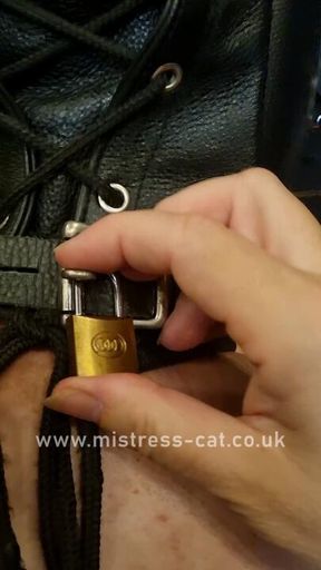 Leather hood padlocked in place