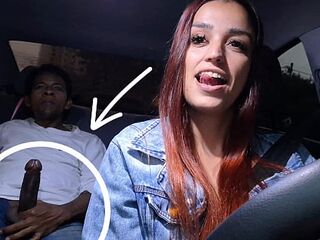 Slutty delivery driver catches gifted passenger masturbating from behind!