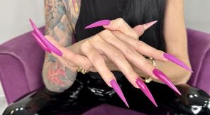 Purple color Long nails, sharp stilettos, palms, long fingers and hands worship, black PVC on me