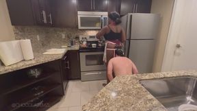 Goddess Leah has a wedgie while cooking