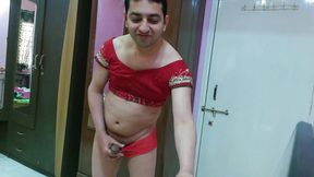Sweet sissy crossdresser femboy Sweet Lollipop in a crop top and pantie pissing.