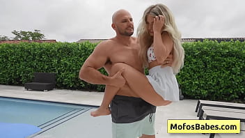 Petite blondie teen get her juicy ass spanked by the pool and prepare for a deep fuck - Emma Bugg, JMac