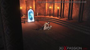 Dark castle encounter: satanic witch and young brunette in 3d dickgirl action