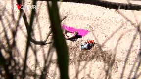 beach voyeur. blowjob with reverse ride and cum in mouth on a public beach