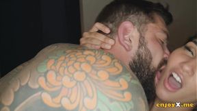Dark-haired girl throat-fucking and swallowing cum on her flawless face