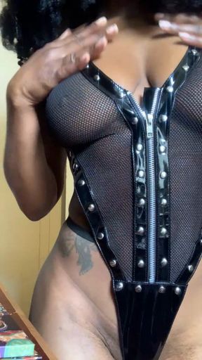Tease and denial in mesh leather body suit