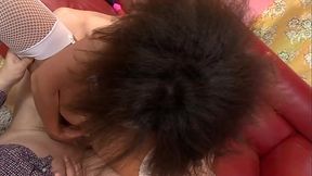 Her tits get massaged while she gives one guy a blowjob and gets her shaved twat screwed...