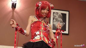 skinny japanese cosplay gir give blowjob and handjob to two old stranger guys at convention
