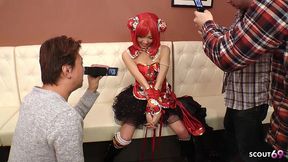 skinny japanese cosplay gir give blowjob and handjob to two old stranger guys at convention