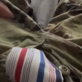 Soldier uses vaseline and his cock to have fun wearing his uniform and sarge&#039;s boxer shorts!