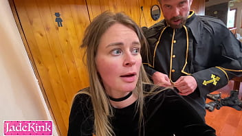 Perverted priest uses and fucks innocent girl with a round ass