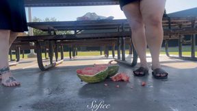Crushed watermelons together