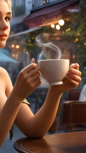 Beautiful Big Breasted Nude Elf Girl Enjoying a Cup of Coffee