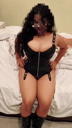 Thick babe with huge leather corseted boobs