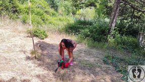 Gasoline Chainsw Naked Girl Cutting Branches