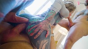 anuskatzz is back for a crazy dap with 3 big cocks! total anal destruction