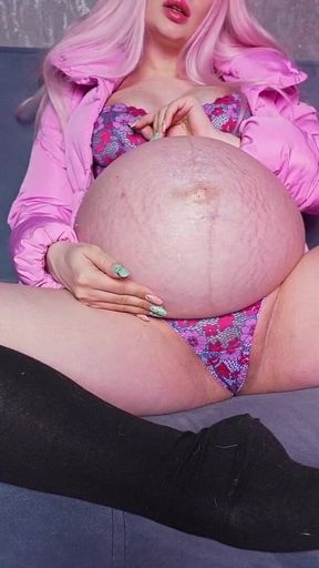 Pregnant at 9 Months, Teasing You in Stockings and a Jacket
