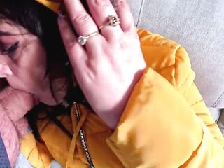 Smokin' Phone Call Downjacket. Noisy Hooded Fellatio and Cum on My Coat