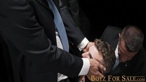 Twink Jack Waters spit roasted by horny studs Ace Banner and Master Saint