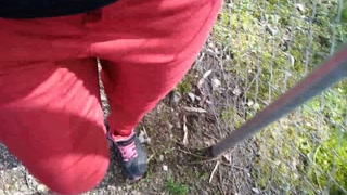 Pee on my new red jeans outdoor