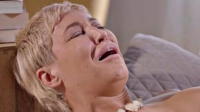 Part 1 of the Sessions: Blonde in brown hair fingers her pussy in thong while kissing in living room