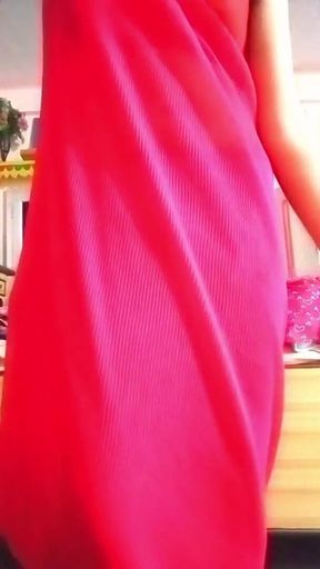 Indian Gay Crossdresser Gaurisissy Pressing Her Big Boobs in Pink Saree