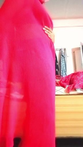 Indian Gay Crossdresser Gaurisissy Pressing Her Big Boobs in Pink Saree