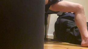 straight roommate caught free-balling and flashing his smooth balls - bulge in shorts